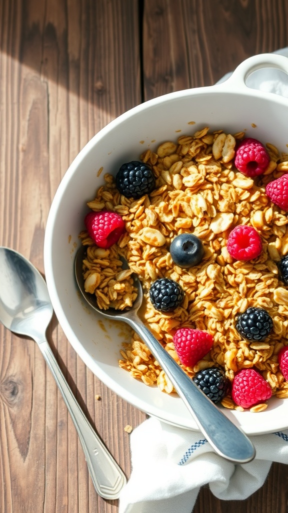 Delicious Baked Oats with Fruits and Nuts Baked oats topped with berries and nuts in a rustic baking dish on a wooden table.